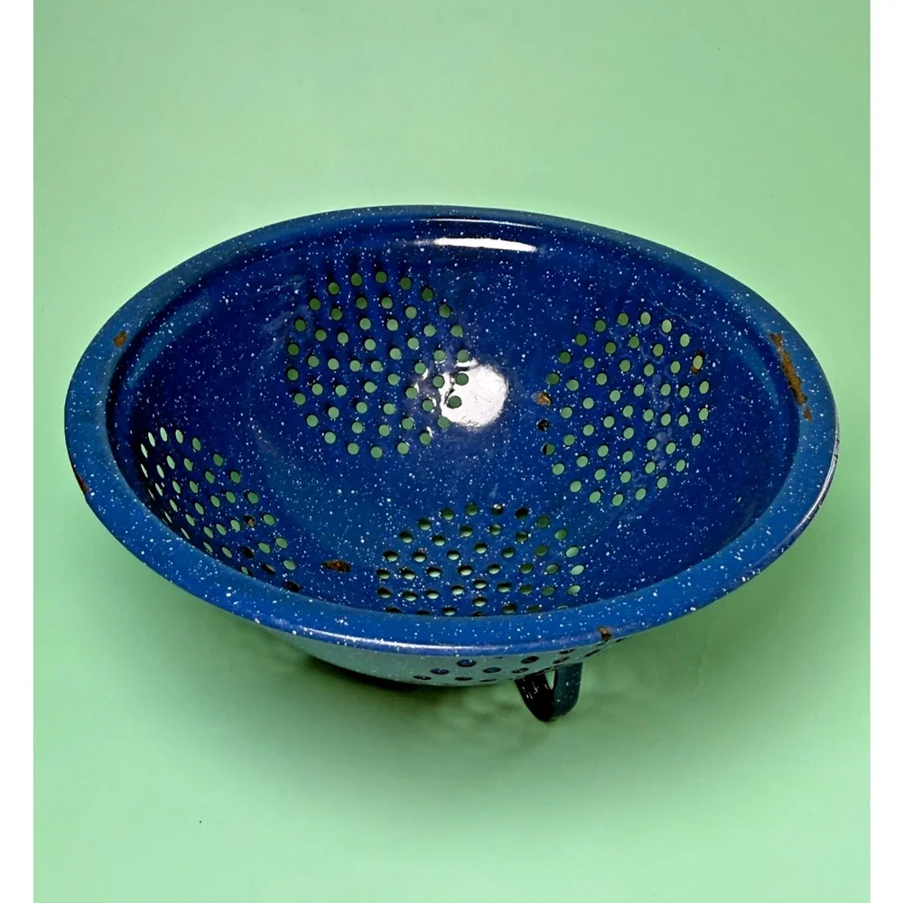 Vintage Teal Blue Speckled Graniteware Enamelware Colander Farmhouse Rustic Prim